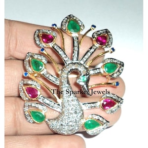 Natural Rose Cut Diamond & Ruby, Emerald Gold 925 Sterling Silver Victorian Vintage Fine Handmade Diamond Brooch Pendant Jewelry