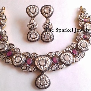 Natural Rose Cut Diamond & Uncut Diamond Polki 925 Sterling Silver Victorian Vintage Fine Handmade Diamond Necklace Earrings Set Jewelry