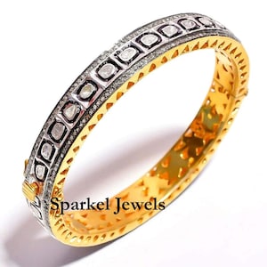 Diamond Bangle Natural Rose Cut Diamond & Uncut Diamond Polki Gold 925 Sterling Silver Victorian Vintage Handmade Diamond Bangle Jewelry