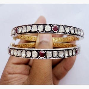 Victorian Jewelry Natural Diamond Polki & Ruby 925 Sterling Silber 2 Stück Armreif Schmuck