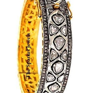 Natural Rose Cut Diamond & Uncut Diamond Polki 925 Sterling Silver Victorian Diamond Bangle Bracelet Jewelry