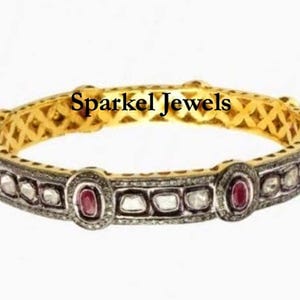 Victorian Jewelry Natural Rose Cut Diamond & Uncut Diamond Polki, Ruby Gold 925 Sterling Silver Diamond Bangle Jewelry