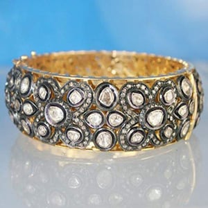 Natural Rose Cut Diamond & Uncut Diamond Polki 925 Sterling Silver Victorian Diamond Bangle Bracelet Jewelry