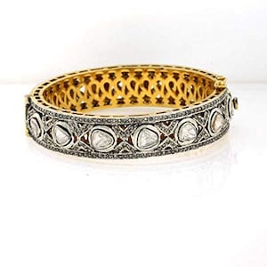 Natural Rose Cut Diamond & Uncut Diamond Polki 925 Sterling Silver Victorian Diamond Bangle Bracelet Jewelry
