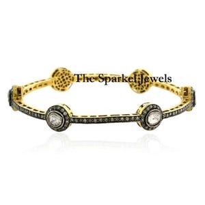 Natural Rose Cut Diamond & Uncut Diamond Polki 925 Sterling Silver Victorian Diamond Bangle Bracelet Jewelry