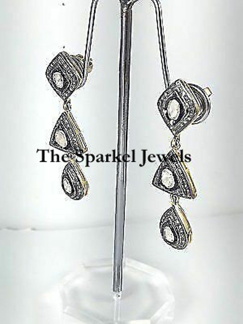 Fine Handmade Natural Rose Cut Diamond /& Uncut Diamond Polki 925 Sterling Silver Victorian Vintage Handmade Diamond Earrings Jewelry