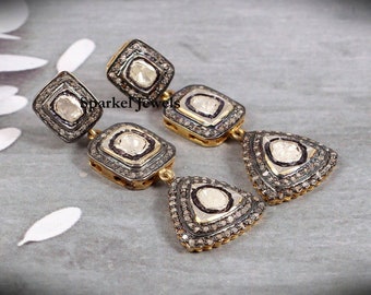 Fine Handmade Earrings Natural Rose Cut Diamond & Uncut Diamond Polki 925 Sterling Silver Victorian Vintage Diamond Jewelry