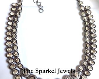 Collier Argent 925 Avec Diamants Polki Et émeraudes Naturels - Style Antique, 22 Pouces, Plaqué Or