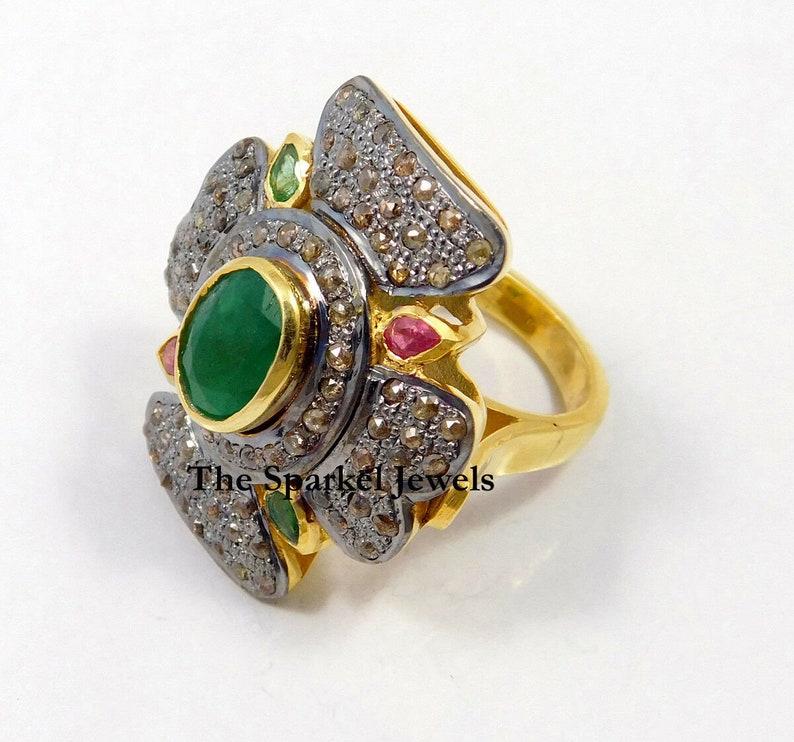 Fine Handmade Natural Rose Cut Diamond /& Emerald Gold 925 Sterling Silver Victorian Vintage Fine Handmade Diamond Ring Jewelry