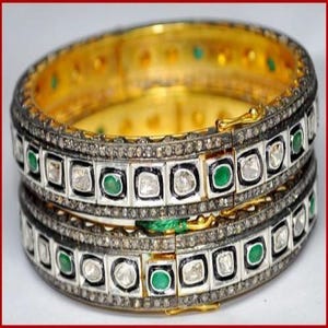 Natural Rose Cut Diamond & Uncut Diamond Polki, Emerald Gold 925 Sterling Silver Victorian  2 Pieces Bangle Bracelet