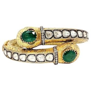 Diamond Polki Bangle Natural Rosecut Diamond Polki Natural Emerald 925 Sterling Silver Diamond Bangle Bracelet Jewelry