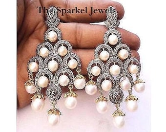 Diamond Earrings Natural Rosecut Diamond & Pearl 925 Sterling Silver Victorian Diamond Earrings Jewelry
