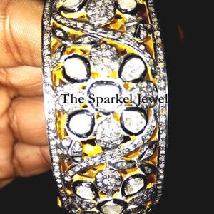Fine Handmade Natural Rose Cut Diamond & Uncut Diamond Polki Gold 925 Sterling Silver Victorian Vintage Diamond Bangle Bracelet Jewelry