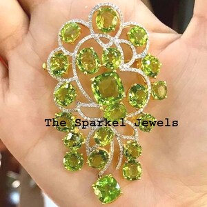 Diamond Jewelry Natural Rose Cut Diamond & Peridot Gemstone 925 Sterling Silver Diamond Brooch Pendant Jewelry