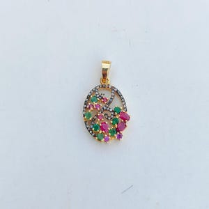 Natural Rose Cut Diamond Ruby Emerald 925 Sterling Silver Victorian Pendant Jewelry