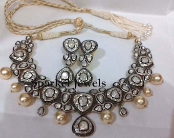 Collier Long En Argent 925 Plaqué Or Jaune - Serti De Diamants Polki Naturels Et émeraudes - Style Antique - 22 Pouces