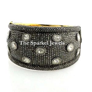 Victorian Jewelry Natural Rose Cut Diamond & Uncut Diamond Polki 925 Sterling Silver Diamond Bangle Bracelet