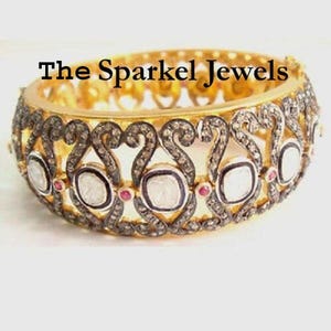 Natural Rose Cut Diamond & Uncut Diamond Polki 925 Sterling Silver Victorian Diamond Bangle Bracelet Jewelry