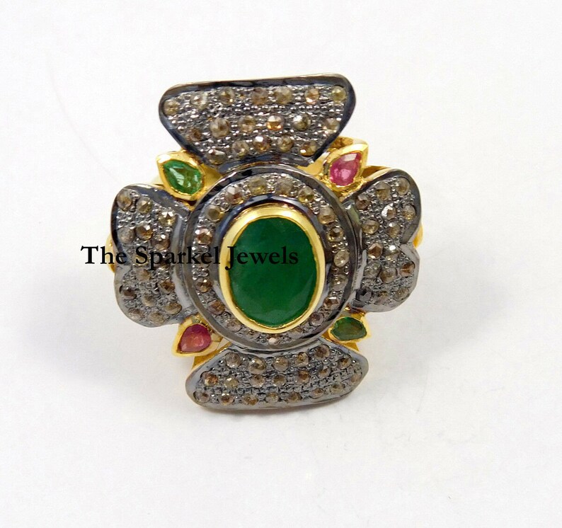 Fine Handmade Natural Rose Cut Diamond /& Emerald Gold 925 Sterling Silver Victorian Vintage Fine Handmade Diamond Ring Jewelry