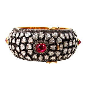 Natural Rose Cut Diamond & Uncut Diamond Polki Gold 925 Sterling Silver Victorian Diamond Bangle Bracelet Jewelry