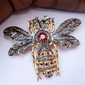 Fine Handmade Natural Rose Cut Diamond & Ruby Gold 925 Sterling Silver Victorian Vintage Fine Handmade Diamond Brooch Pendant Jewelry