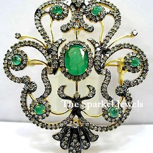 Fine Handmade Natural Rose Cut Diamond & Emerald 925 Sterling Silver Victorian Vintage Diamond Brooch Pendant Jewelry