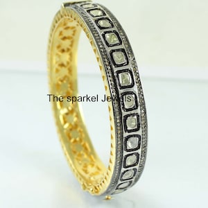 Natural Rose Cut Diamond & Uncut Diamond Polki Gold 925 Sterling Silver Victorian Vintage Diamond Fine Handmade Bangle Bracelet Jewelry