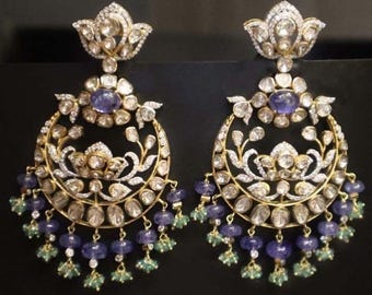 Natural Rosecut Diamond, Uncut Diamond Polki & Tanzanite 925 Sterling Silver Diamond Earrings Jewelry