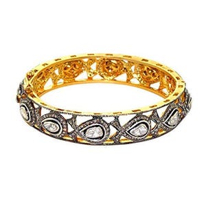 Natural Rose Cut Diamond & Uncut Diamond Polki 925 Sterling Silver Victorian Diamond Bangle Bracelet Jewelry