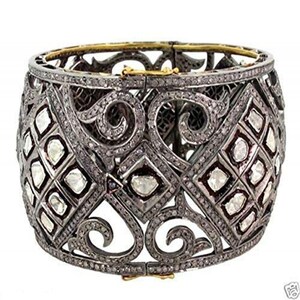 Natural Rose Cut Diamond & Uncut Diamond Polki 925 Sterling Silver Victorian Diamond Bangle Bracelet Jewelry