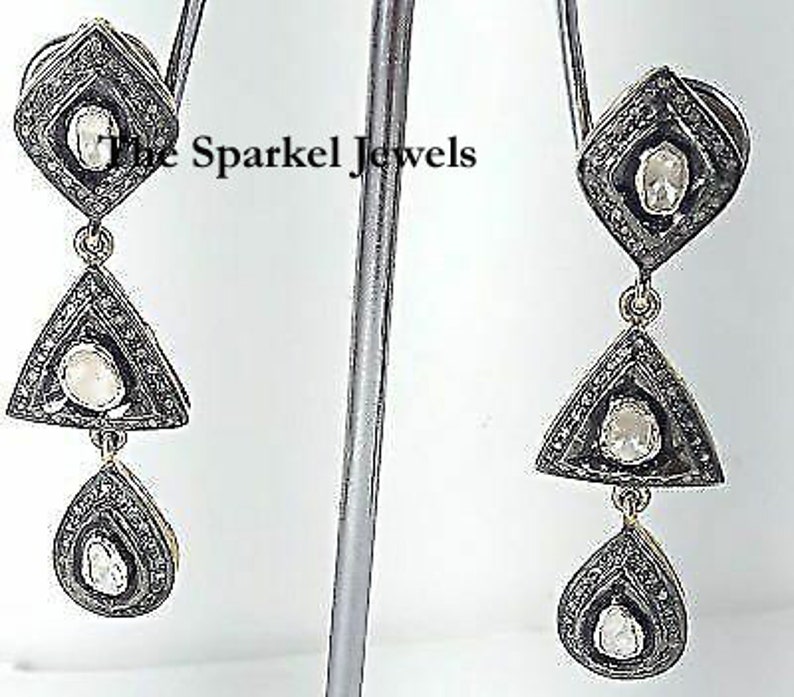 Fine Handmade Natural Rose Cut Diamond /& Uncut Diamond Polki 925 Sterling Silver Victorian Vintage Handmade Diamond Earrings Jewelry