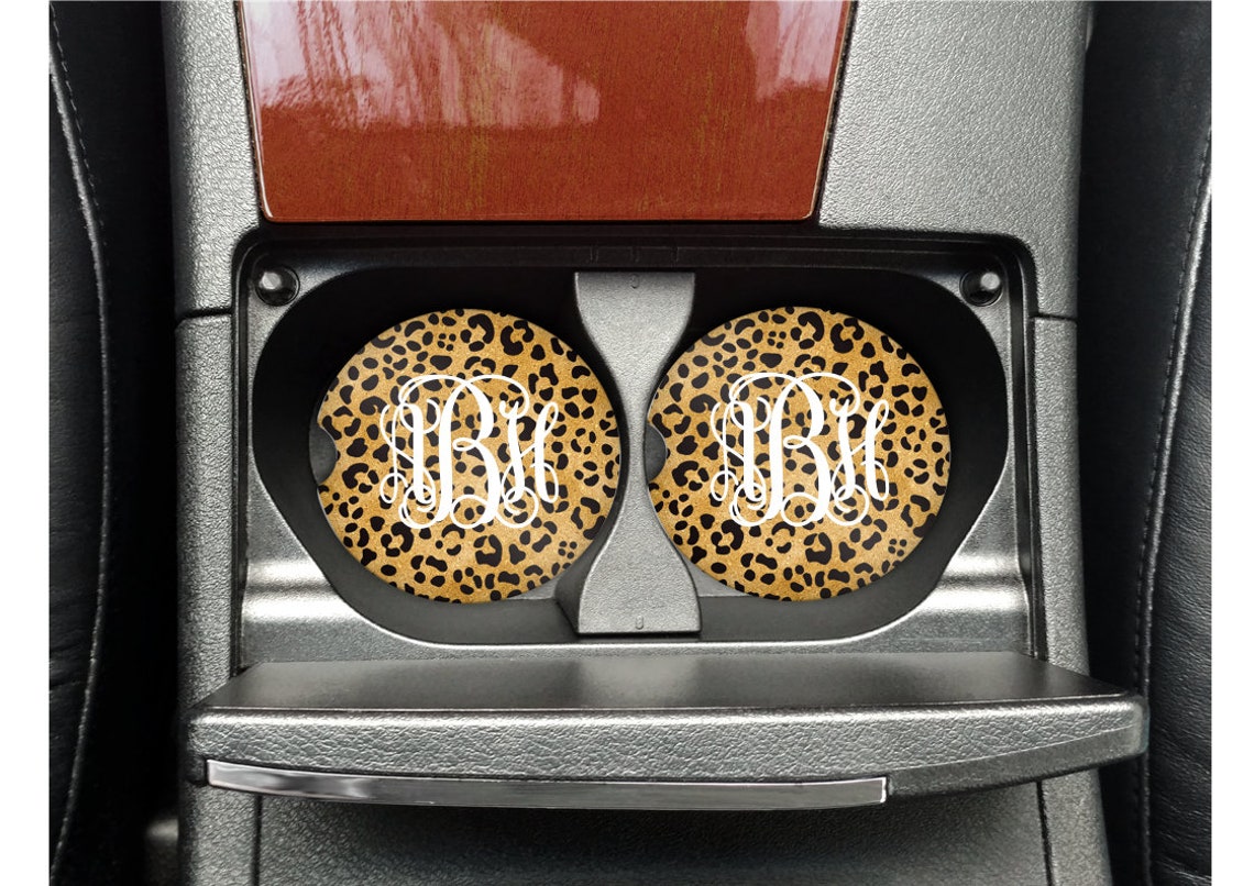 Set of 2 Car Coasters Leopard Print Monogram Car Coasters Etsy