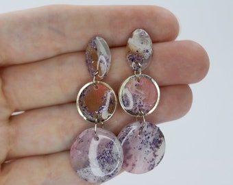 Pink Purple White Marble Circle Earrings - Handmade One of a Kind Stud Dangle Earring - Inspired Polymer Clay Jewelry Gift Ideas