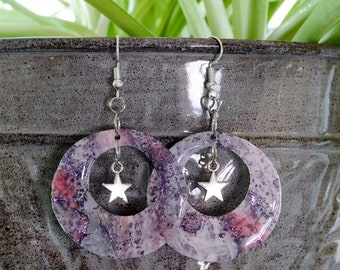 Purple Pink White Renaissance Star Earrings - Handmade One of a Kind Statement Dangle Earring - Inspired Polymer Clay Jewelry