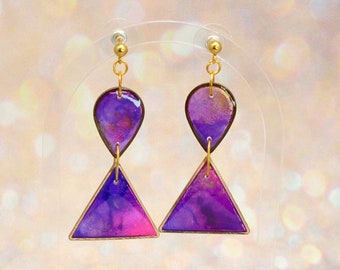 Purple Blue Magenta and Gold Renaissance Earrings - Handmade One of a Kind Statement Dangle Earring - Inspired Space Polymer Clay Jewelry