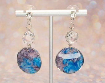Blue Purple Marble Earrings - Handmade One of a Kind Stud Dangle Earring - Inspired Polymer Clay Jewelry Gift Ideas