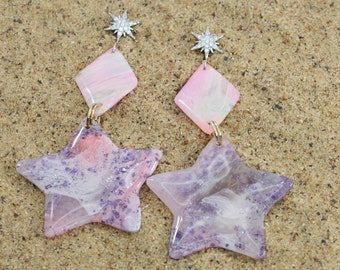 Pink Purple White Marble Star Diamond Earrings - Handmade One of a Kind Stud Dangle Earring - Inspired Polymer Clay Jewelry Gift Ideas