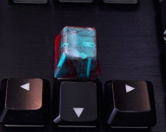 Cyberpunk Red & Teal Artisan 1 Keycap | Cherry Profile Row 4 Lustrous Shining Keycaps | Tiny Collectible One of a Kind Resin Mechanical Caps