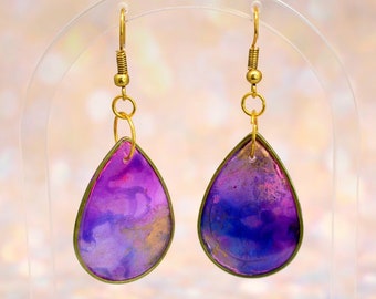 Purple Blue Magenta and Gold Renaissance Earrings - Handmade One of a Kind Statement Dangle Earring - Inspired Space Polymer Clay Jewelry