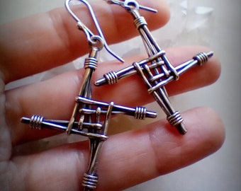 Sterling Silver Saint Brigid of Kildare Cross Traditional Earrings, Imbolc Magic Wiccan Jewelry