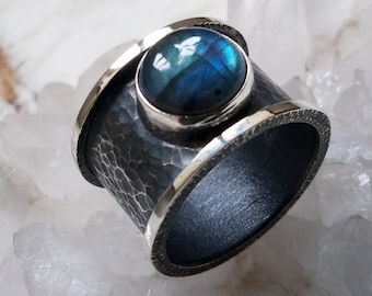 Sterling Silver Labradorite Wide Band, Textured and Hammered Bezel Solid Ring