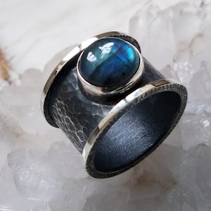 Sterling Silver Labradorite Wide Band, Textured and Hammered Bezel Solid Ring