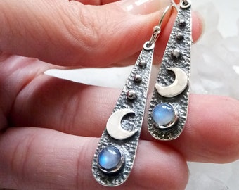 Teardrop Rainbow Moonstone Sterling Silver Earrings with Crescent Moon
