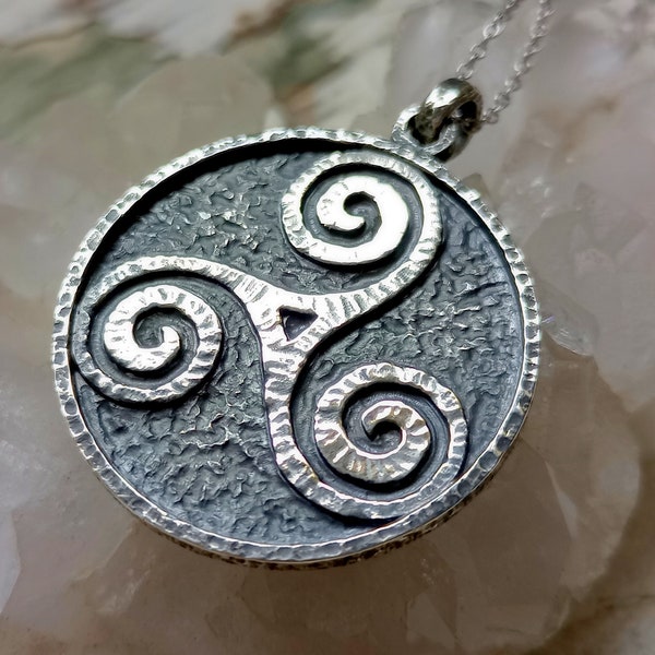 Celtic Spiral Triskele Sterling Silver Pendant, Triskelion Necklace Wiccan Talisman