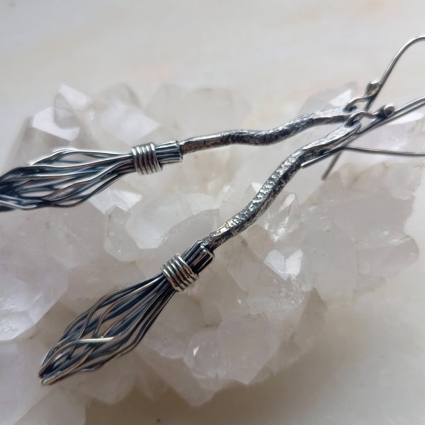 Sterling Silver Magic Broomstick Earrings, Witchy Jewelry Long Dangle Earrings