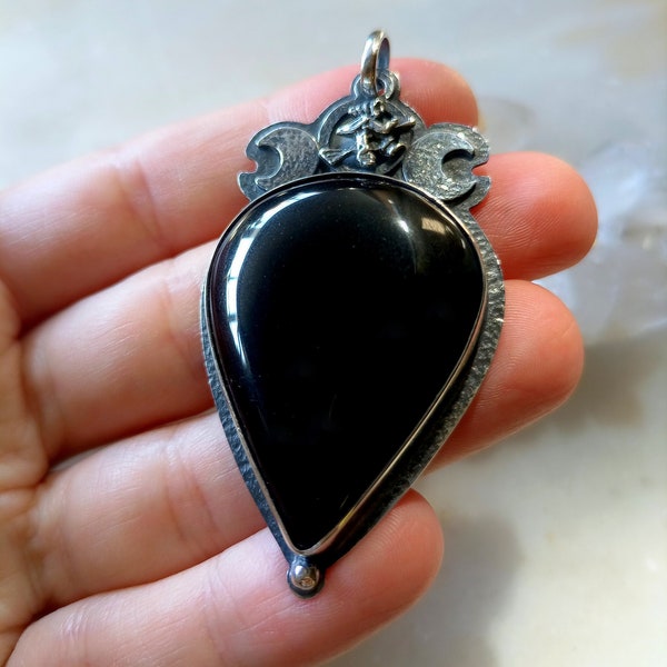 Sterling Silver Black Onyx Goddess Witchy Pendant, Wiccan Flying Witch Spooky Season Necklace
