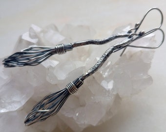Sterling Silver Magic Broomstick Earrings, Witchy Jewelry Long Dangle Earrings, Witch Besom