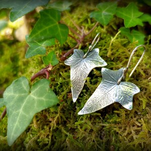 May include: A pair of silver earrings shaped like ivy leaves. The earrings are hanging from a mossy surface.