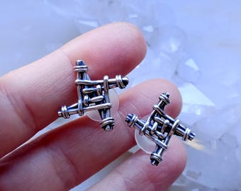 Small Sterling Silver Handwoven Brigid Cross Stud Earrings, Mystical Celtic Symbol Jewelry