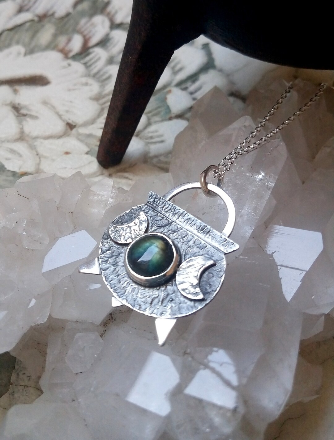 Small Witch Cauldron Sterling Silver Pendant, Witchy Triple Moon and ...